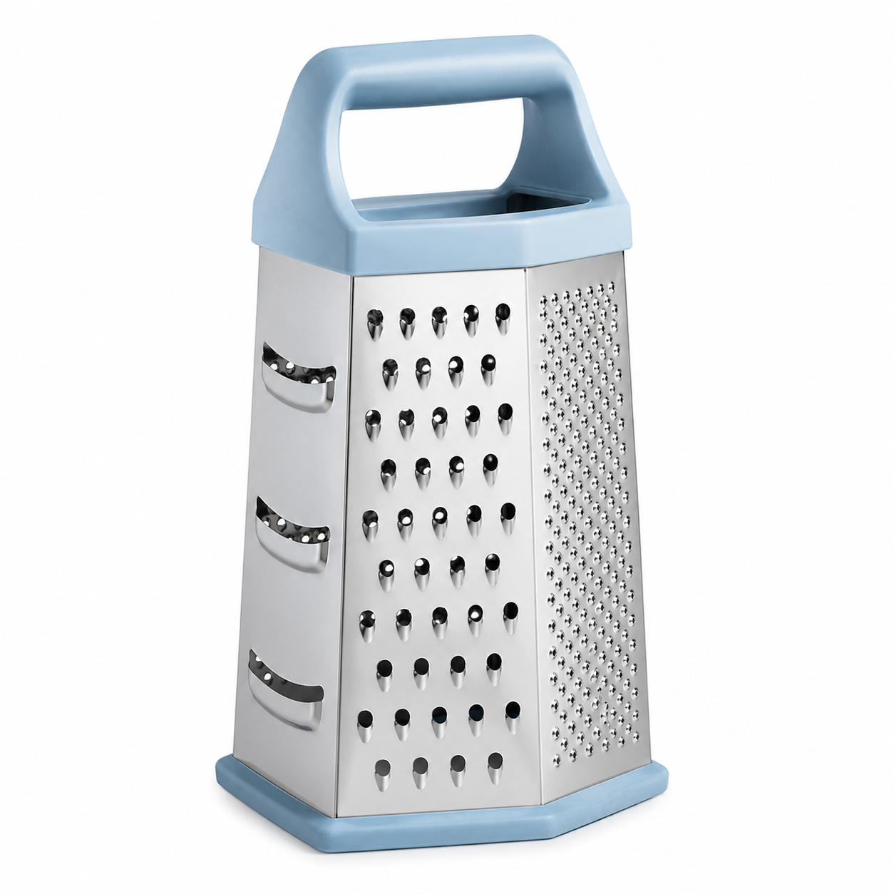 Râpe quatre faces en inox avec base bleu glacier 23 cm