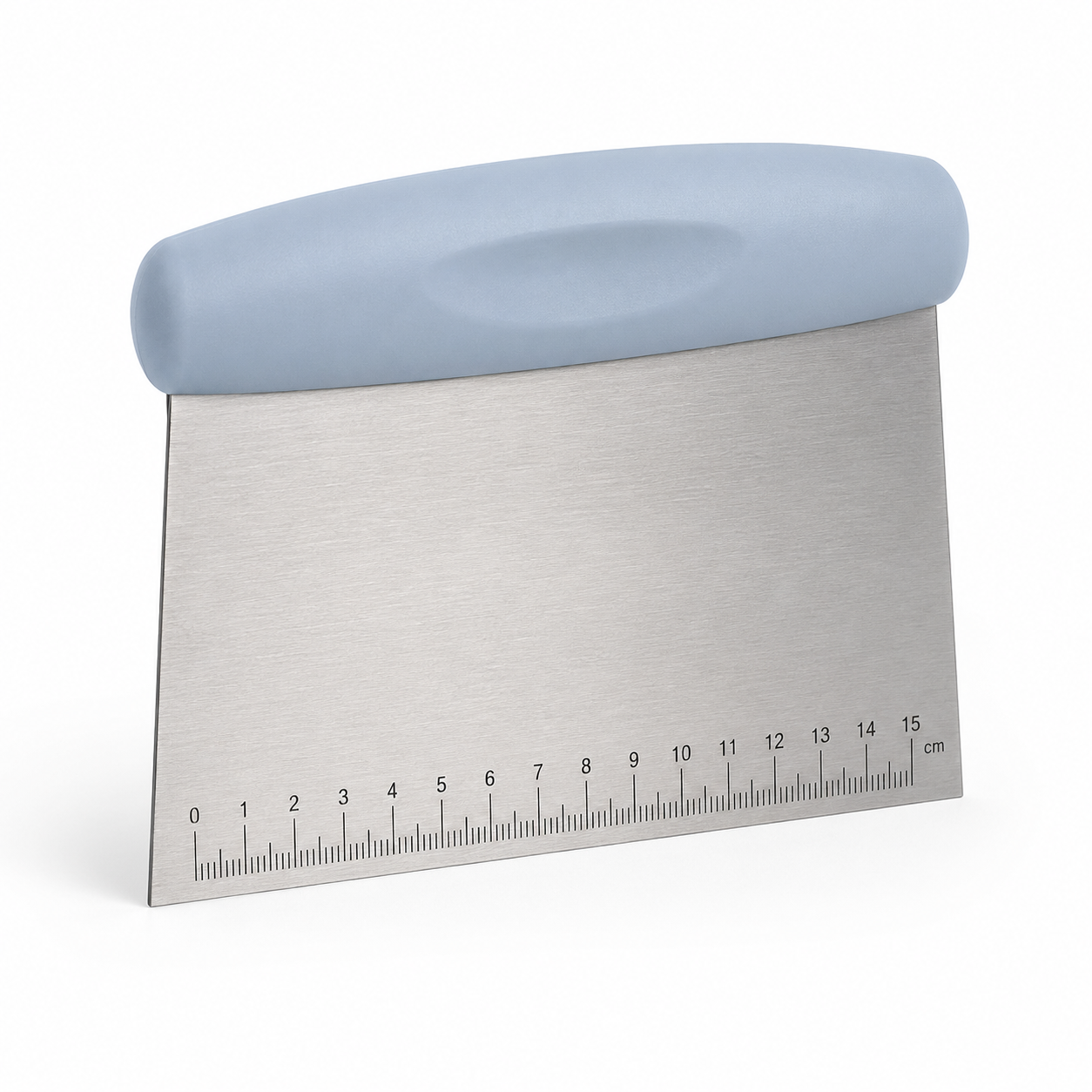 Raclette coupe-pâte en inox bleu brume 15 cm avec graduations
