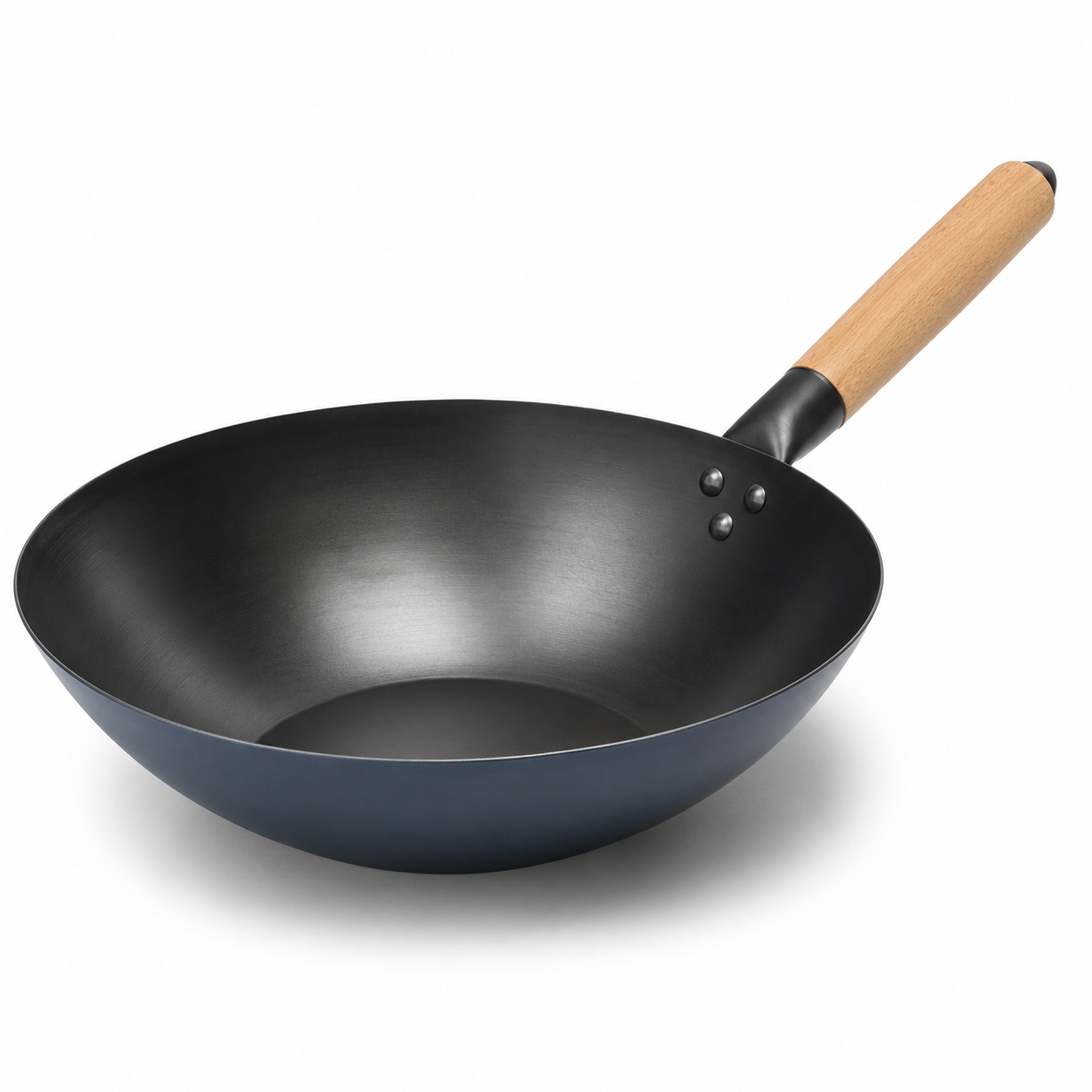 Wok en acier carbone bleu ardoise avec poignée bois 30 cm
