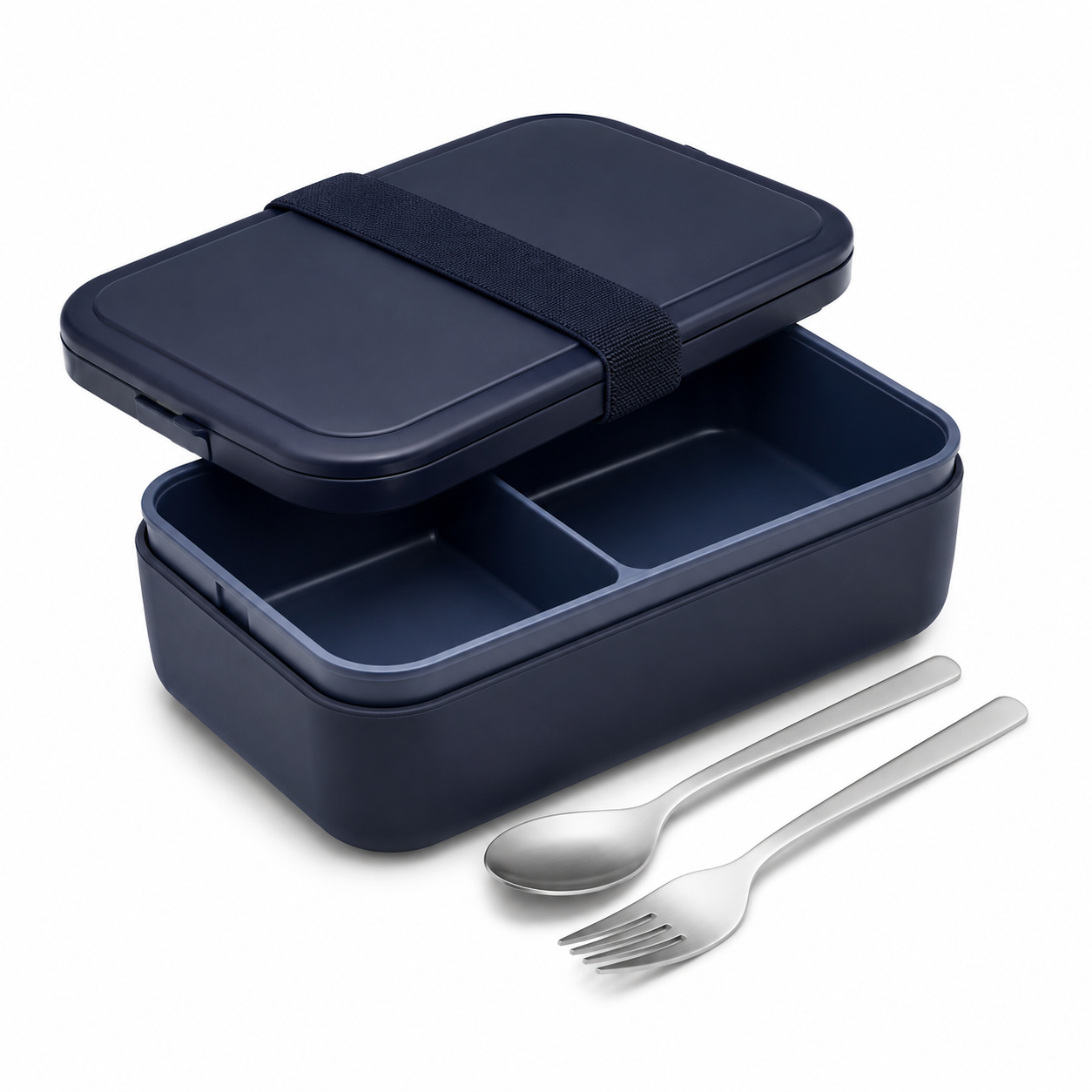 Boîte repas compartimentée bleu nuit avec couverts 1 L
