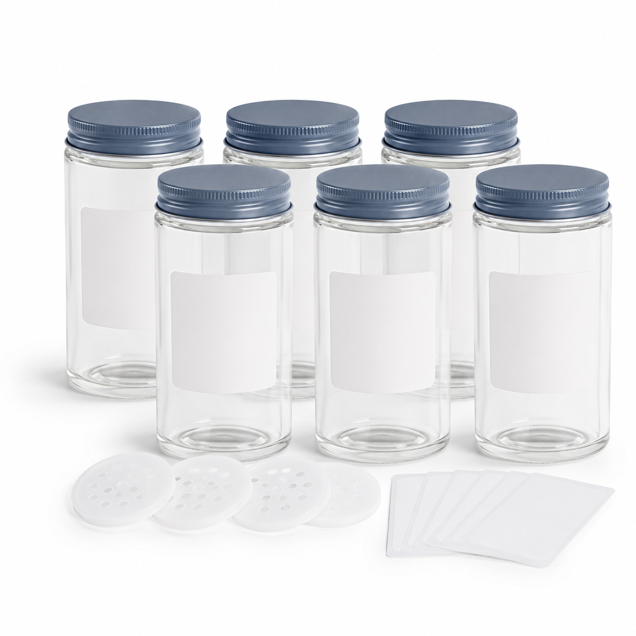 Lot de 6 pots à épices en verre avec couvercles bleu acier 12 cl