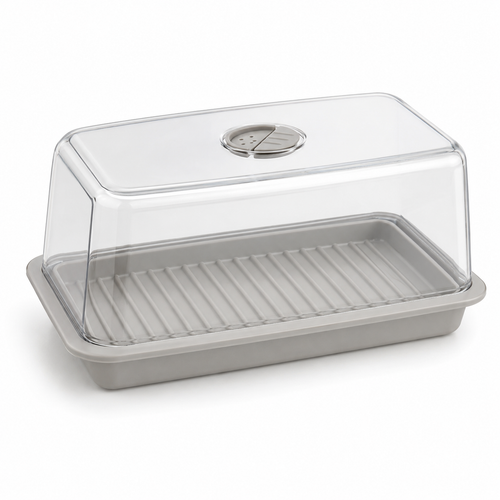 Boîte à fromage ventilée gris perle avec plateau 2 L
